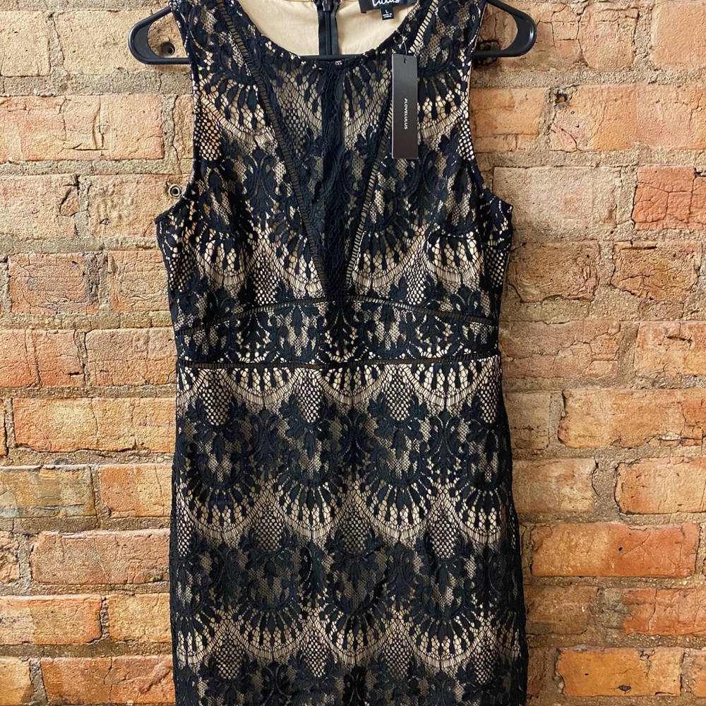 Lulu's Black Lace Over Nude Mini Dress